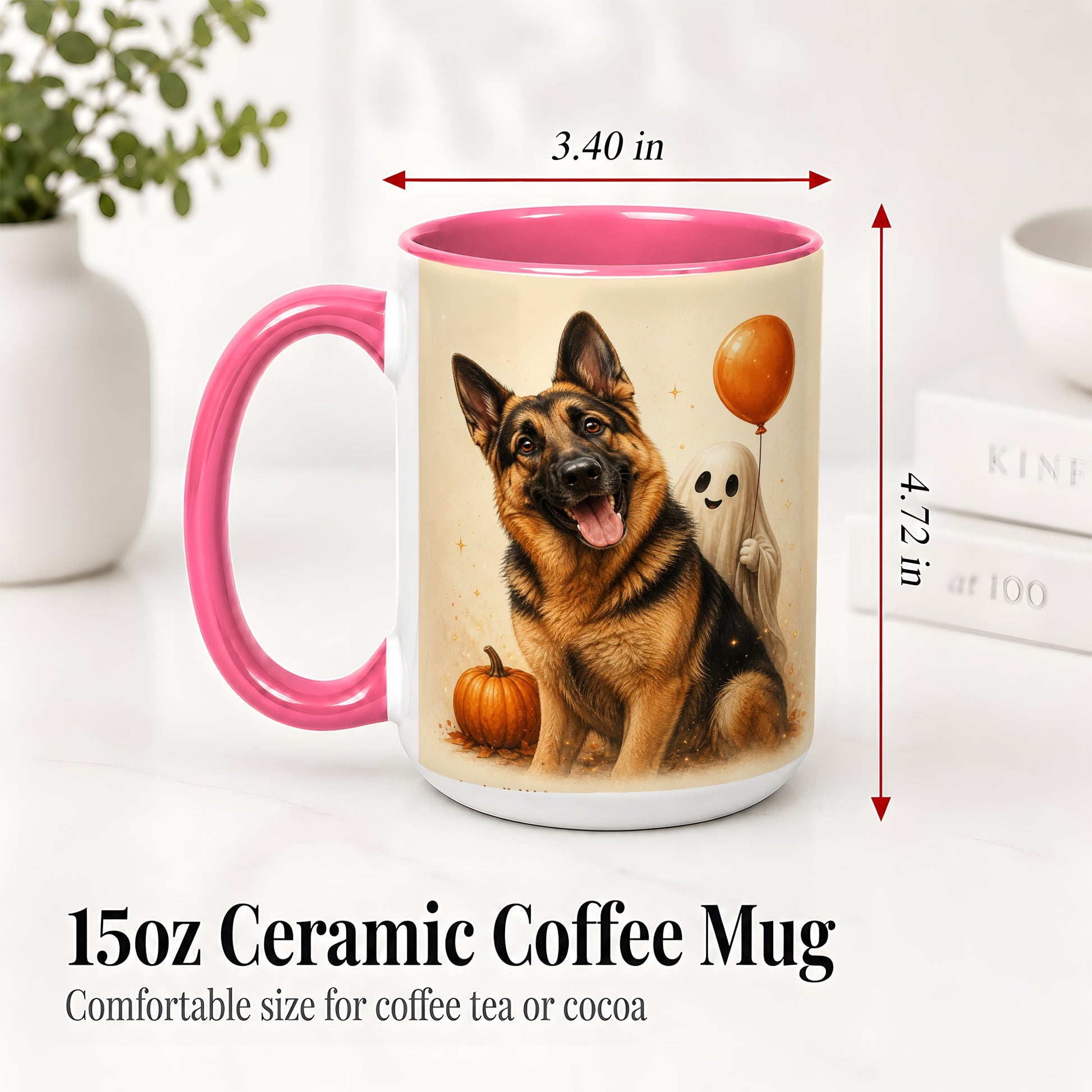 #pl[15oz|Pink] German Shepherd Halloween Accent Mug, Ceramic Mug with Ghost Artwork