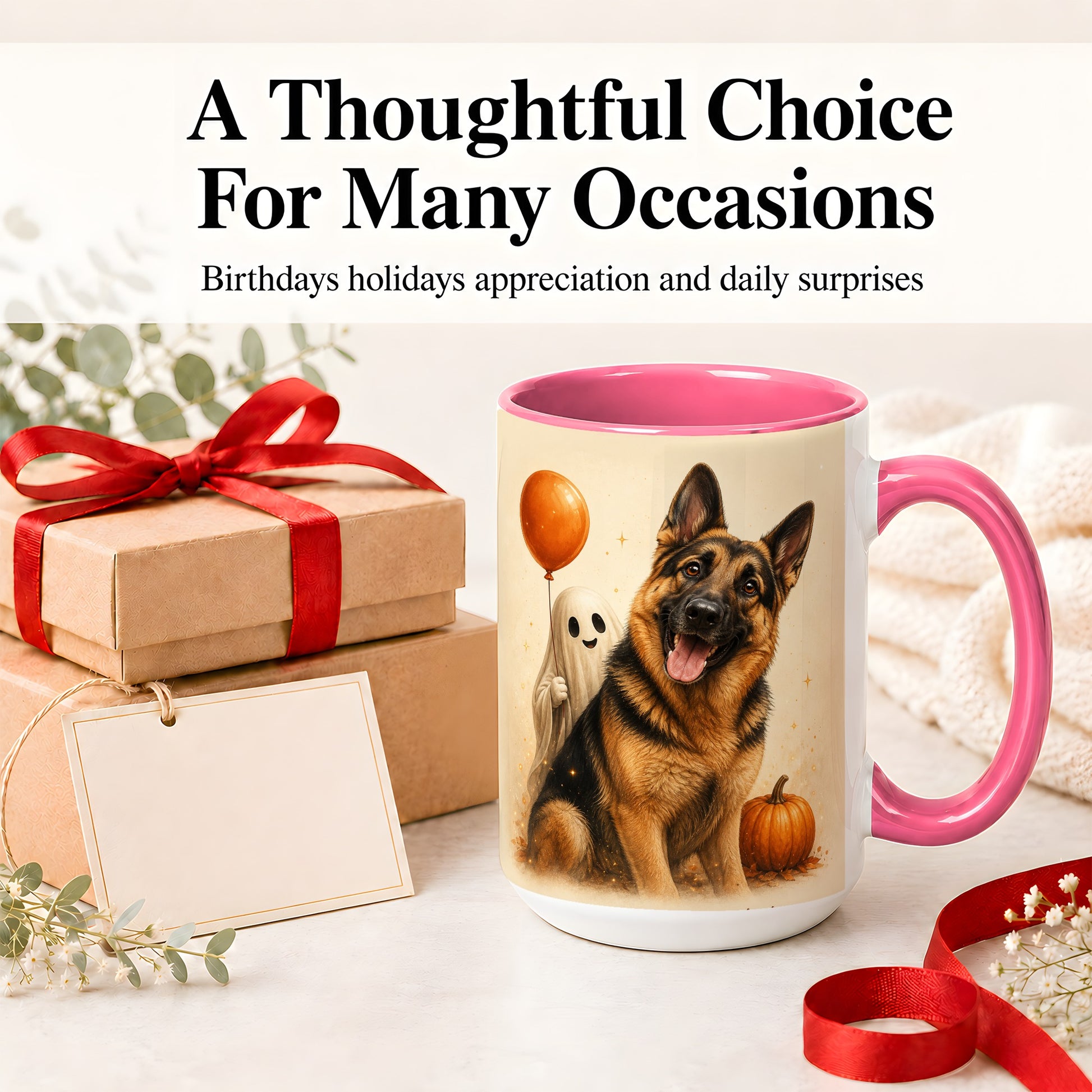 #pl[15oz|Pink] German Shepherd Halloween Accent Mug, Ceramic Mug with Ghost Artwork