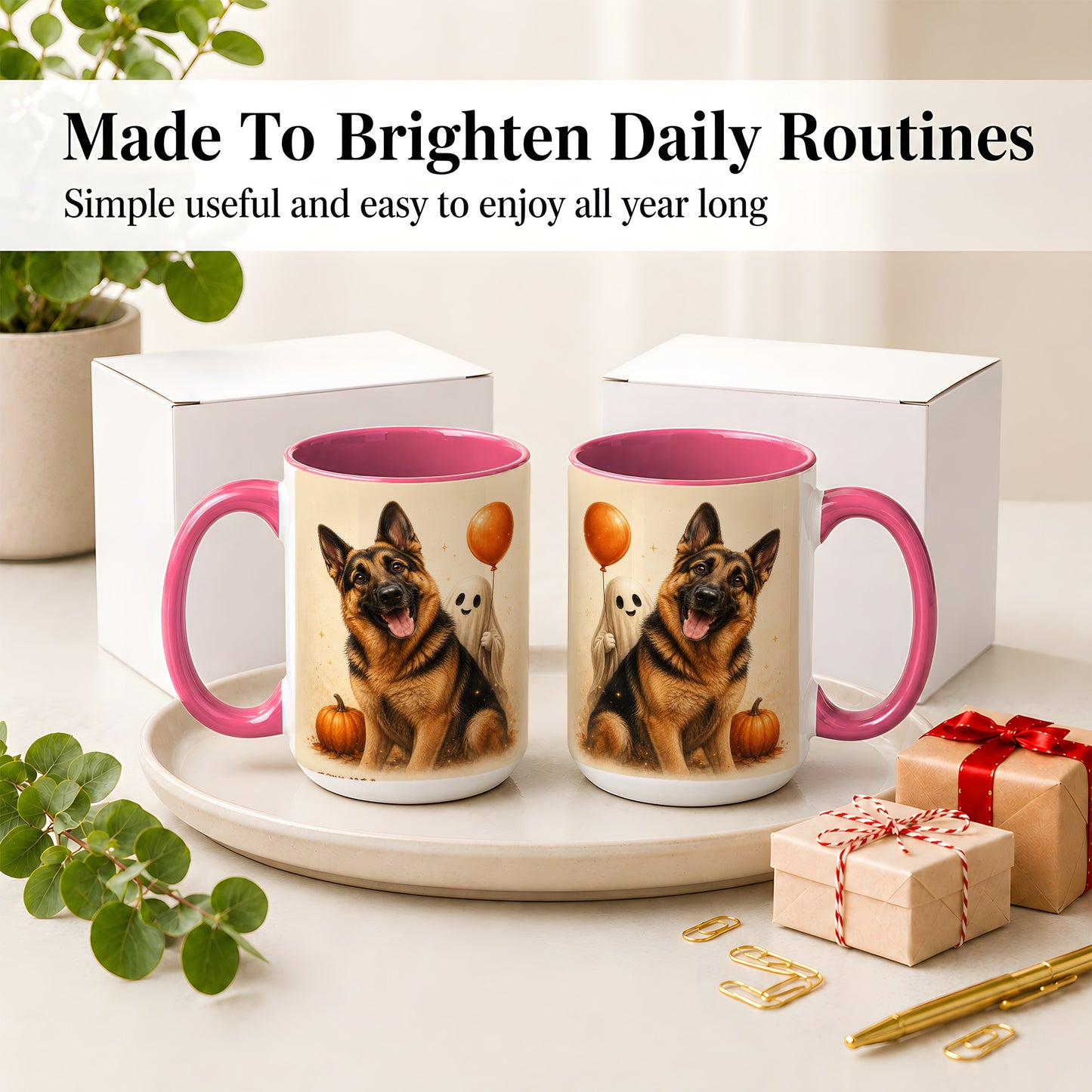 #pl[15oz|Pink] German Shepherd Halloween Accent Mug, Ceramic Mug with Ghost Artwork