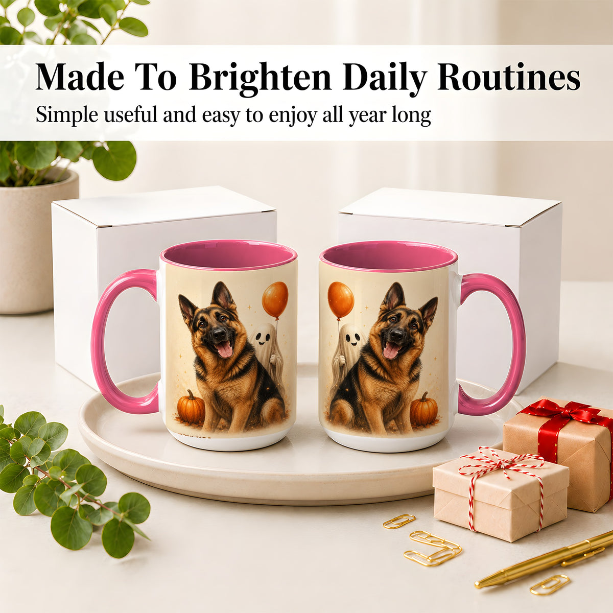 #pl[15oz|Pink] German Shepherd Halloween Accent Mug, Ceramic Mug with Ghost Artwork