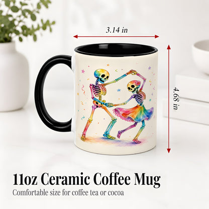 #pl[11oz|Black] Rainbow Skeleton Dance Accent Mug, Ceramic Mug with Colorful Artwork