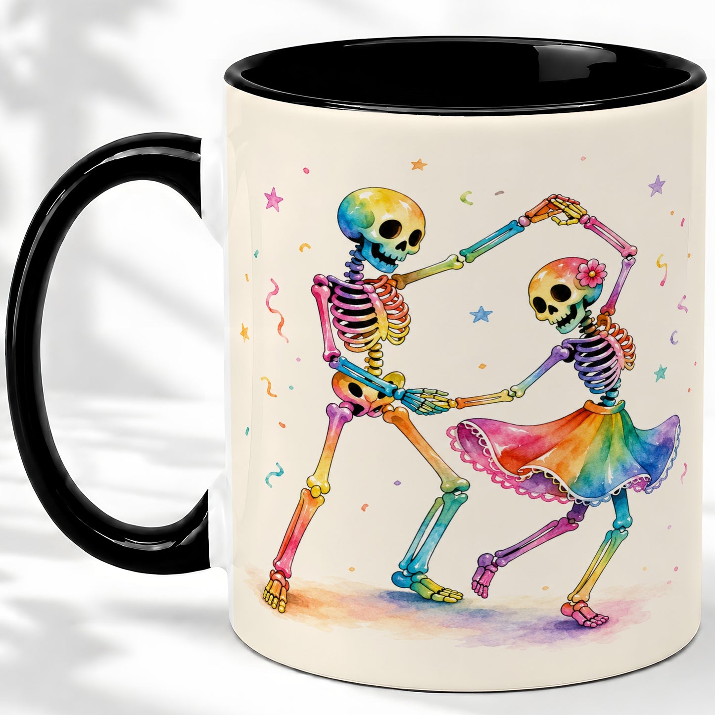 #pl[11oz|Black] Rainbow Skeleton Dance Accent Mug, Ceramic Mug with Colorful Artwork