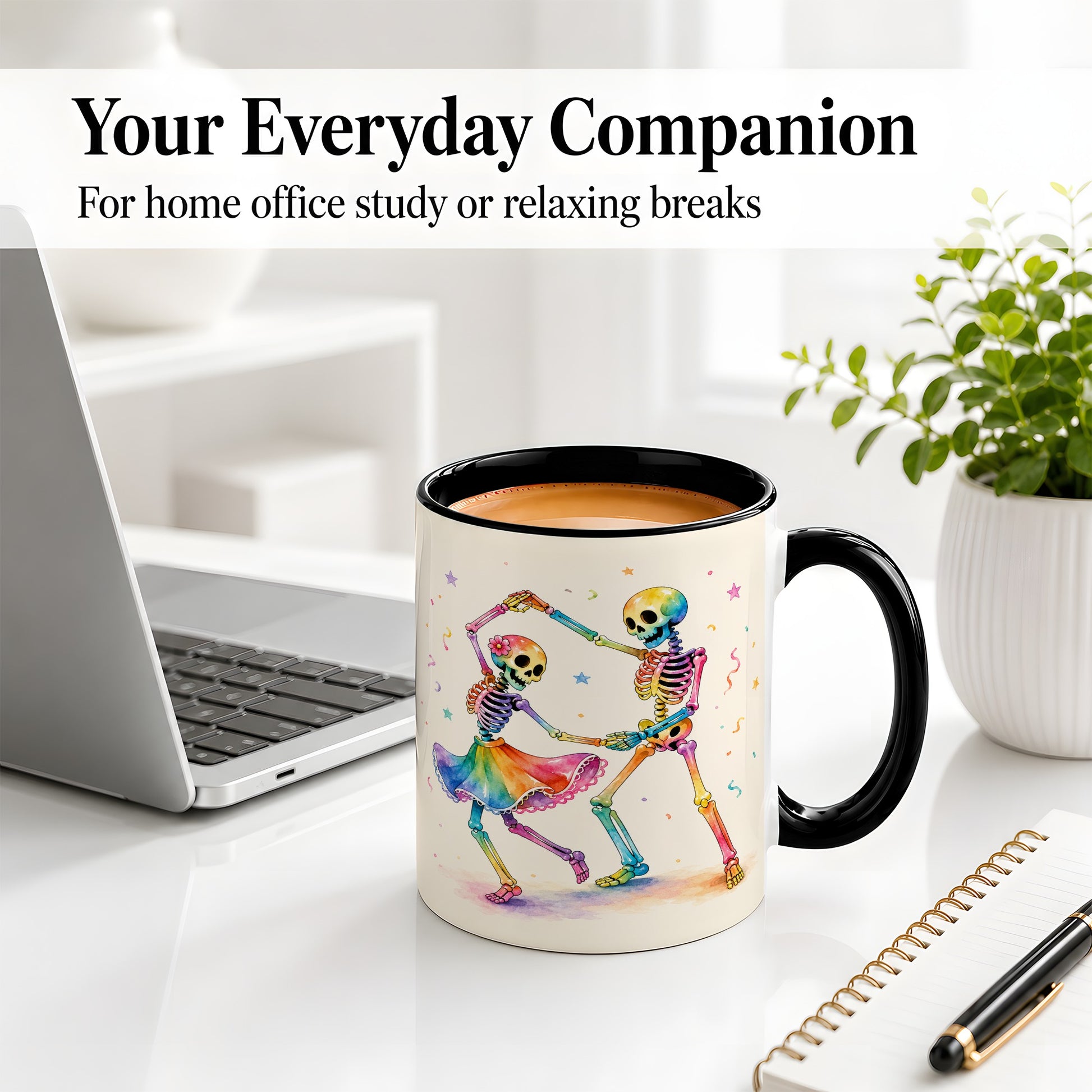#pl[11oz|Black] Rainbow Skeleton Dance Accent Mug, Ceramic Mug with Colorful Artwork