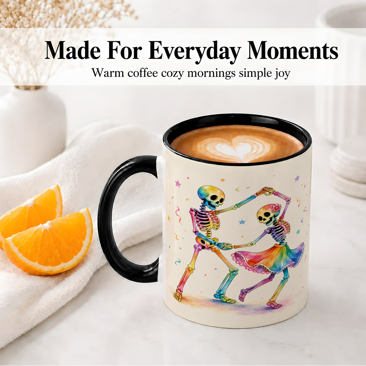 #pl[11oz|Black] Rainbow Skeleton Dance Accent Mug, Ceramic Mug with Colorful Artwork