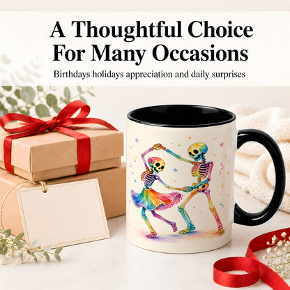 #pl[11oz|Black] Rainbow Skeleton Dance Accent Mug, Ceramic Mug with Colorful Artwork