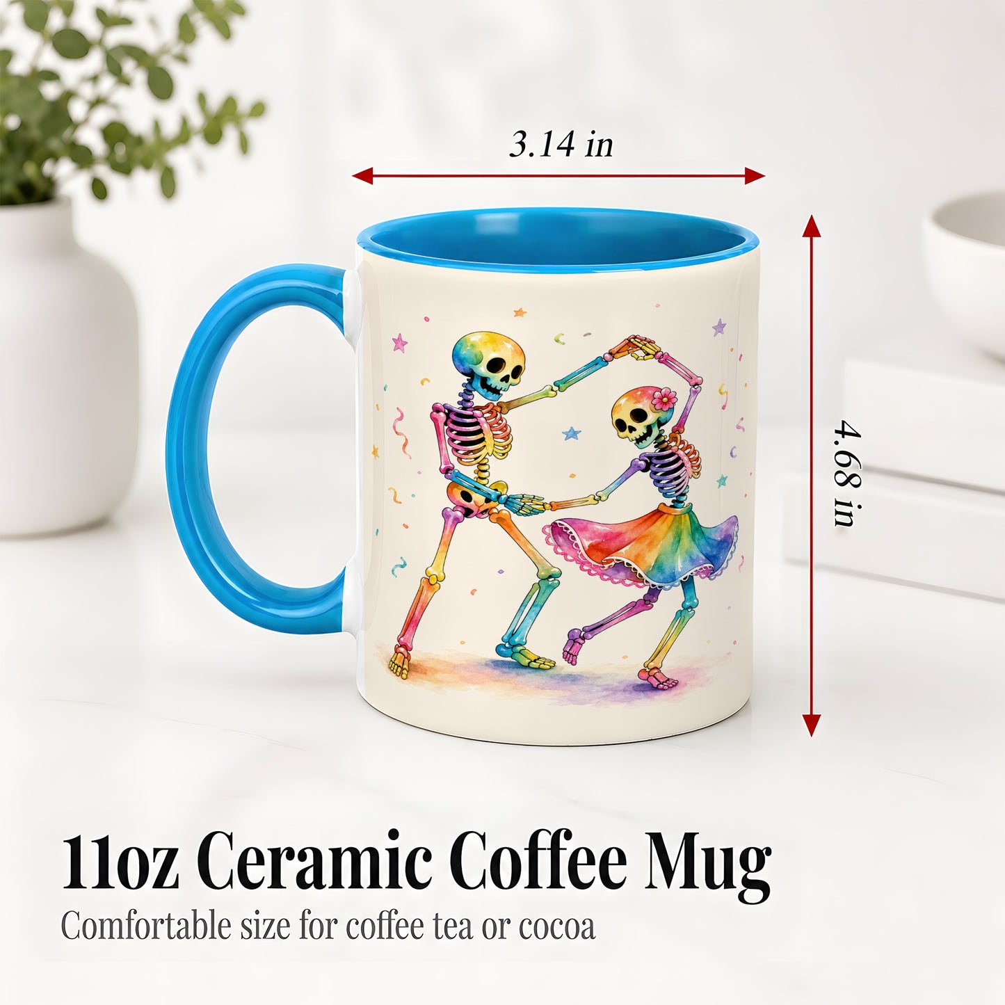 #pl[11oz|Blue] Rainbow Skeleton Dance Accent Mug, Ceramic Mug with Colorful Artwork