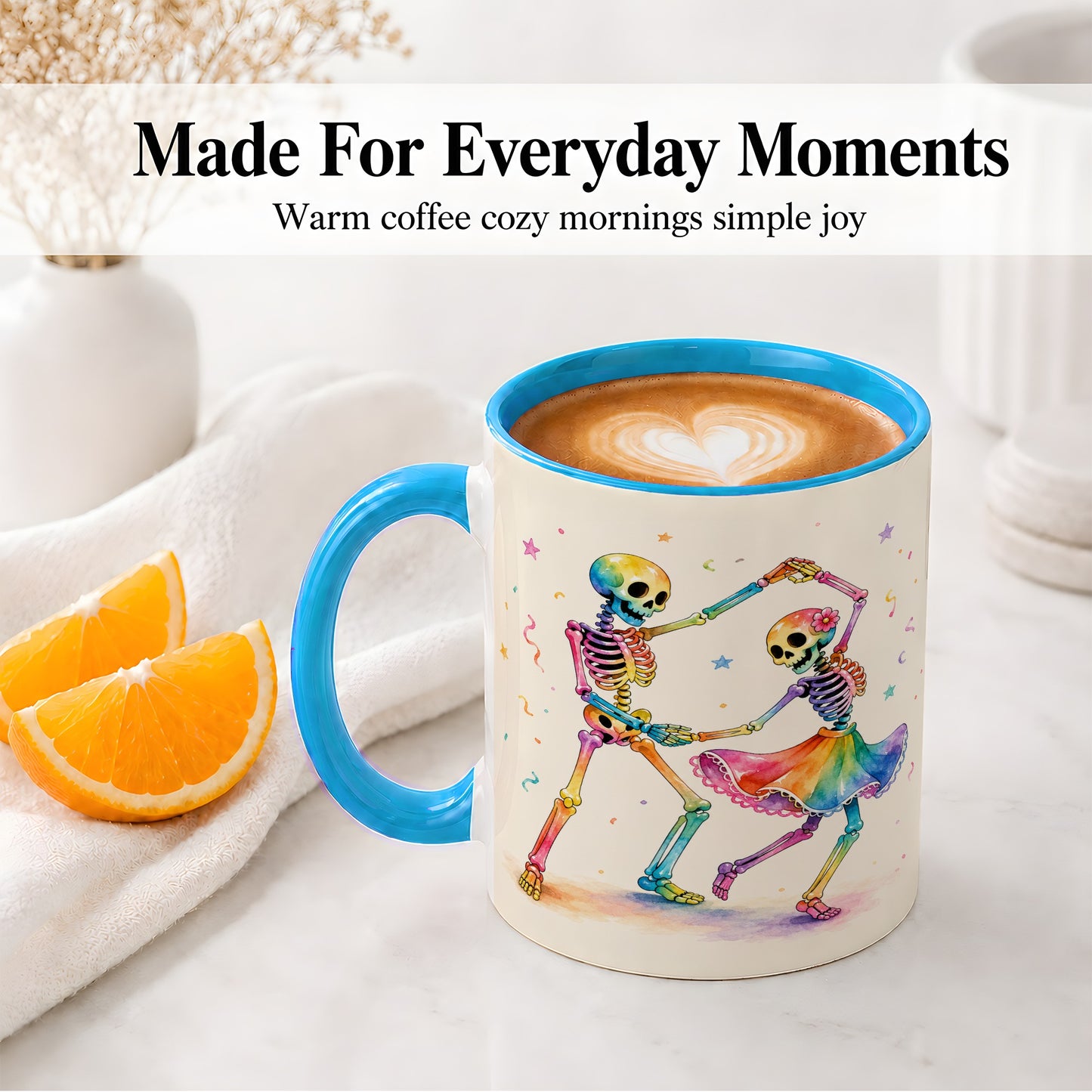 #pl[11oz|Blue] Rainbow Skeleton Dance Accent Mug, Ceramic Mug with Colorful Artwork