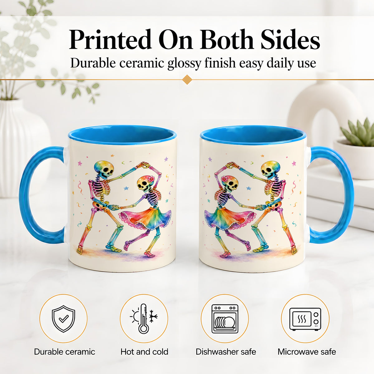#pl[11oz|Blue] Rainbow Skeleton Dance Accent Mug, Ceramic Mug with Colorful Artwork