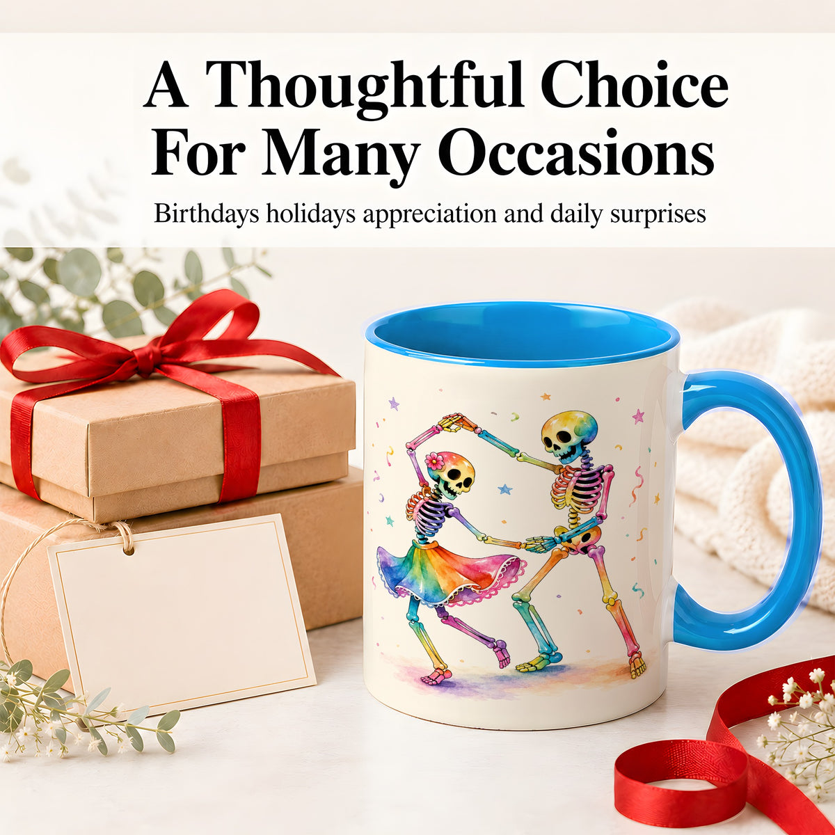 #pl[11oz|Blue] Rainbow Skeleton Dance Accent Mug, Ceramic Mug with Colorful Artwork
