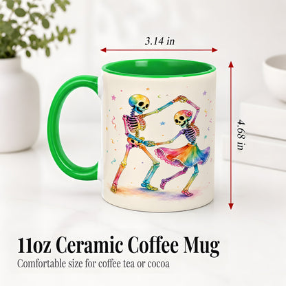 #pl[11oz|Green] Rainbow Skeleton Dance Accent Mug, Ceramic Mug with Colorful Artwork