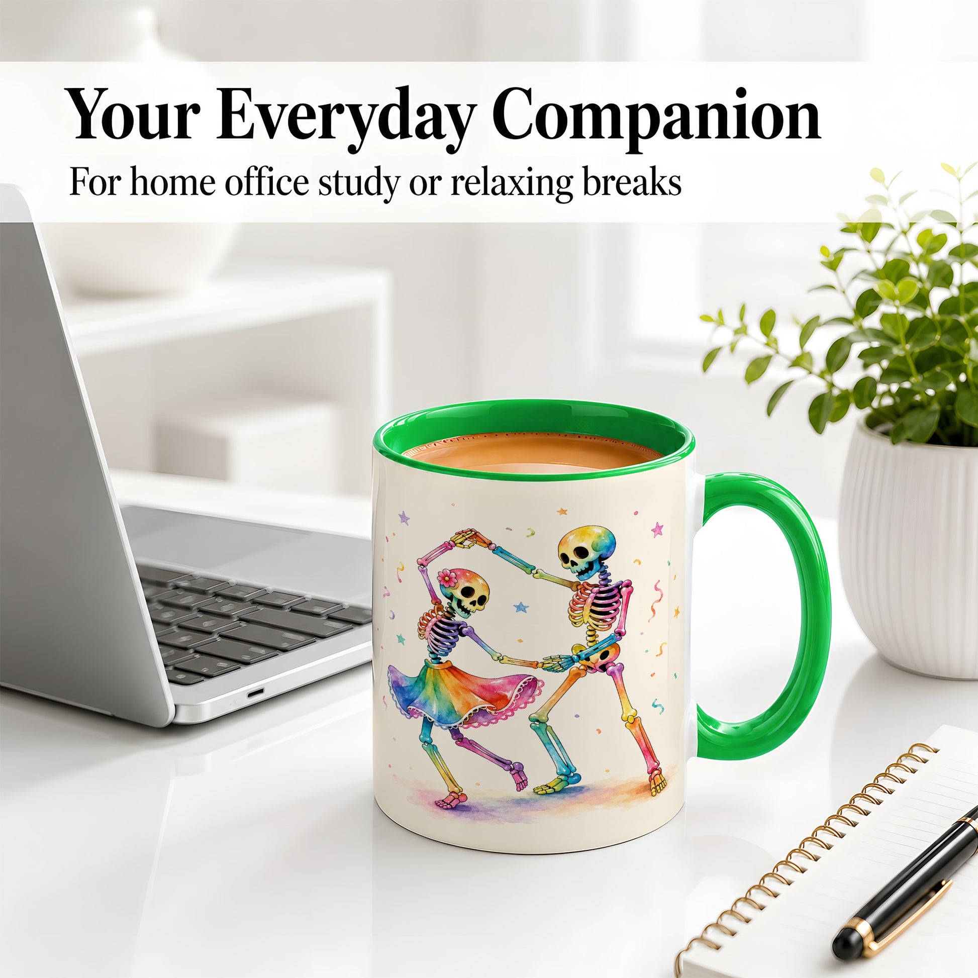 #pl[11oz|Green] Rainbow Skeleton Dance Accent Mug, Ceramic Mug with Colorful Artwork