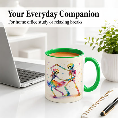#pl[11oz|Green] Rainbow Skeleton Dance Accent Mug, Ceramic Mug with Colorful Artwork