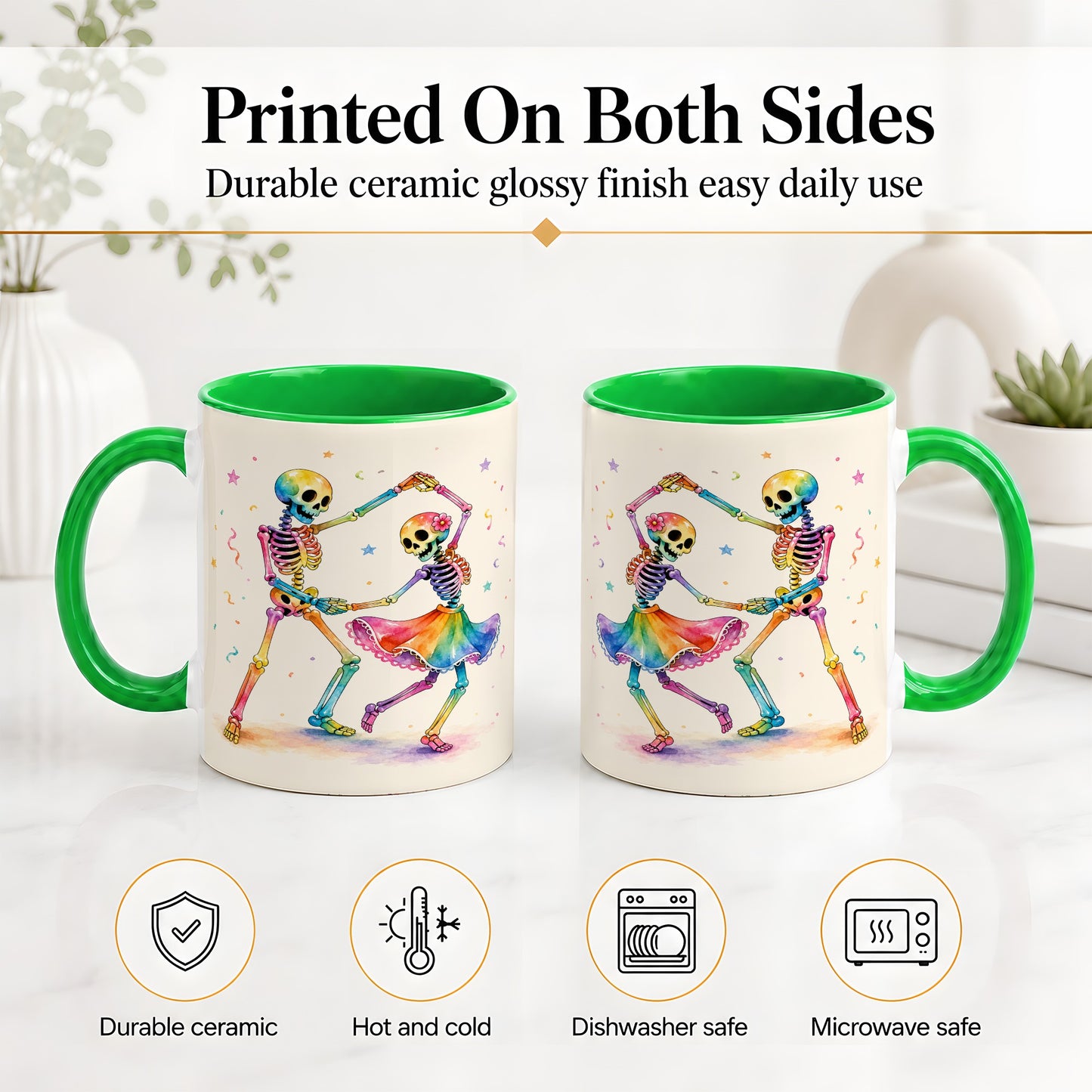 #pl[11oz|Green] Rainbow Skeleton Dance Accent Mug, Ceramic Mug with Colorful Artwork