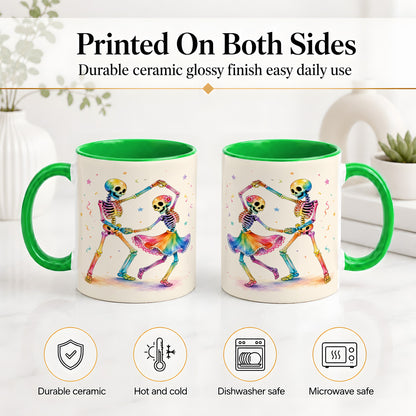#pl[11oz|Green] Rainbow Skeleton Dance Accent Mug, Ceramic Mug with Colorful Artwork