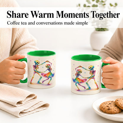 #pl[11oz|Green] Rainbow Skeleton Dance Accent Mug, Ceramic Mug with Colorful Artwork