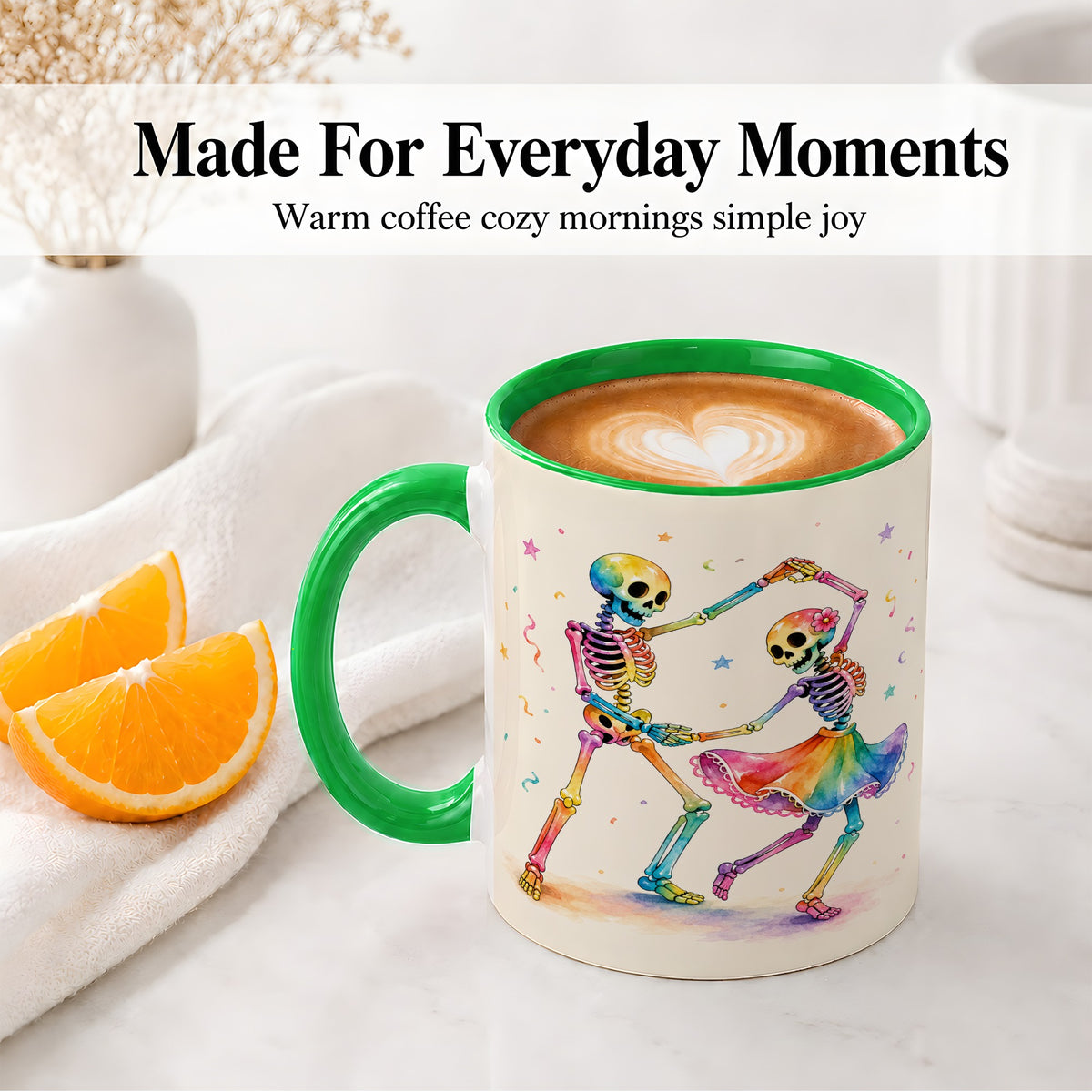 #pl[11oz|Green] Rainbow Skeleton Dance Accent Mug, Ceramic Mug with Colorful Artwork