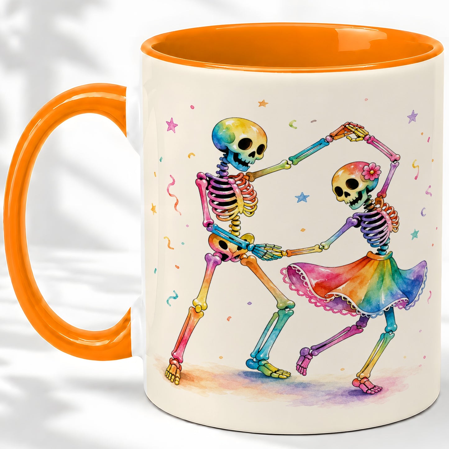 #pl[11oz|Orange] Rainbow Skeleton Dance Accent Mug, Ceramic Mug with Colorful Artwork