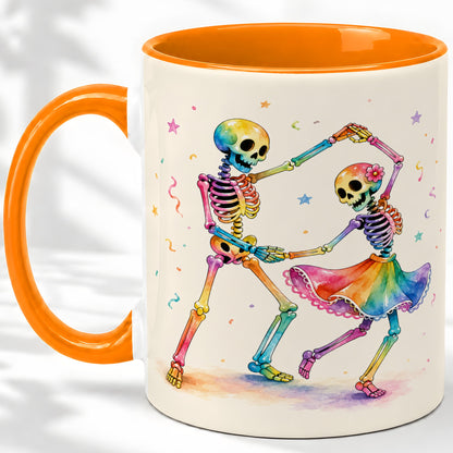 #pl[11oz|Orange] Rainbow Skeleton Dance Accent Mug, Ceramic Mug with Colorful Artwork