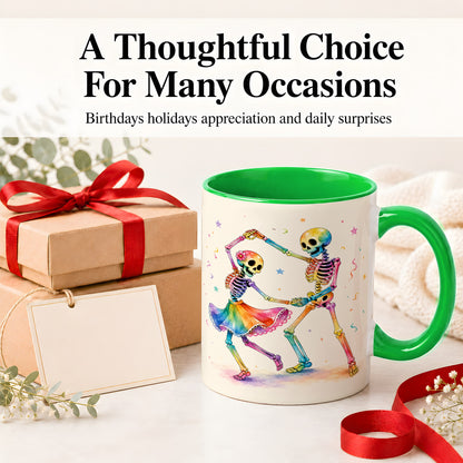 #pl[11oz|Green] Rainbow Skeleton Dance Accent Mug, Ceramic Mug with Colorful Artwork