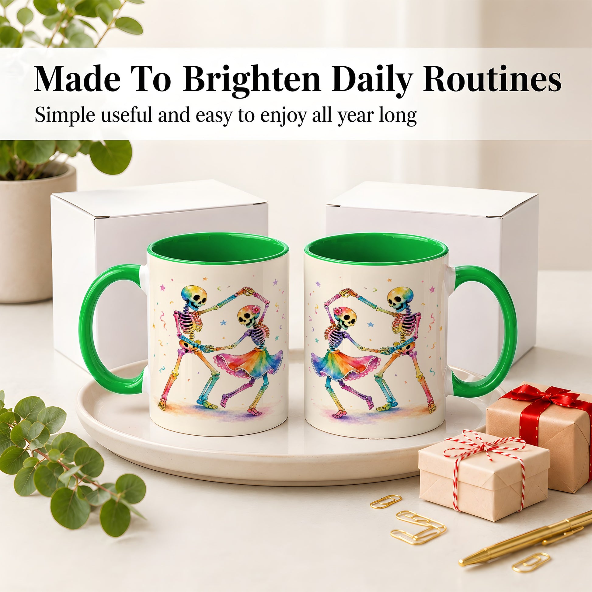 #pl[11oz|Green] Rainbow Skeleton Dance Accent Mug, Ceramic Mug with Colorful Artwork