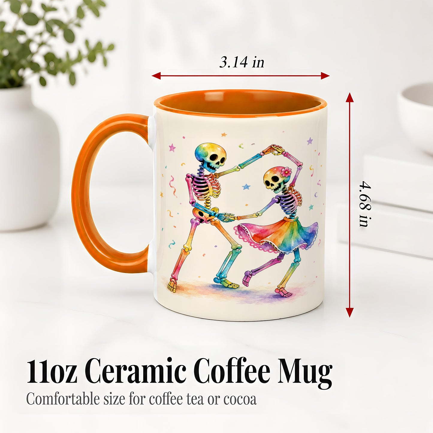 #pl[11oz|Orange] Rainbow Skeleton Dance Accent Mug, Ceramic Mug with Colorful Artwork
