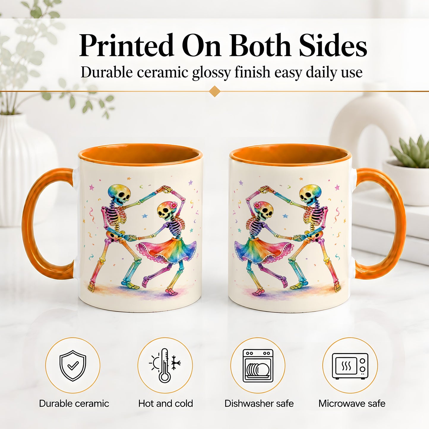 #pl[11oz|Orange] Rainbow Skeleton Dance Accent Mug, Ceramic Mug with Colorful Artwork
