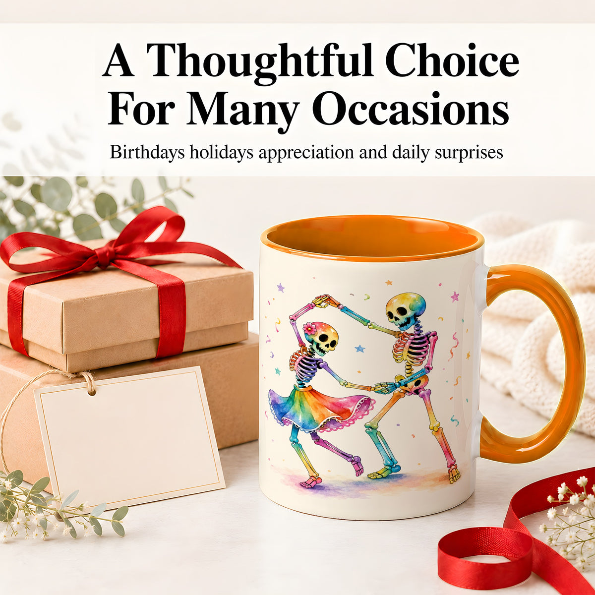 #pl[11oz|Orange] Rainbow Skeleton Dance Accent Mug, Ceramic Mug with Colorful Artwork