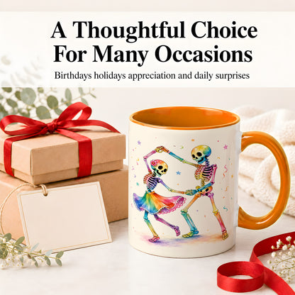 #pl[11oz|Orange] Rainbow Skeleton Dance Accent Mug, Ceramic Mug with Colorful Artwork