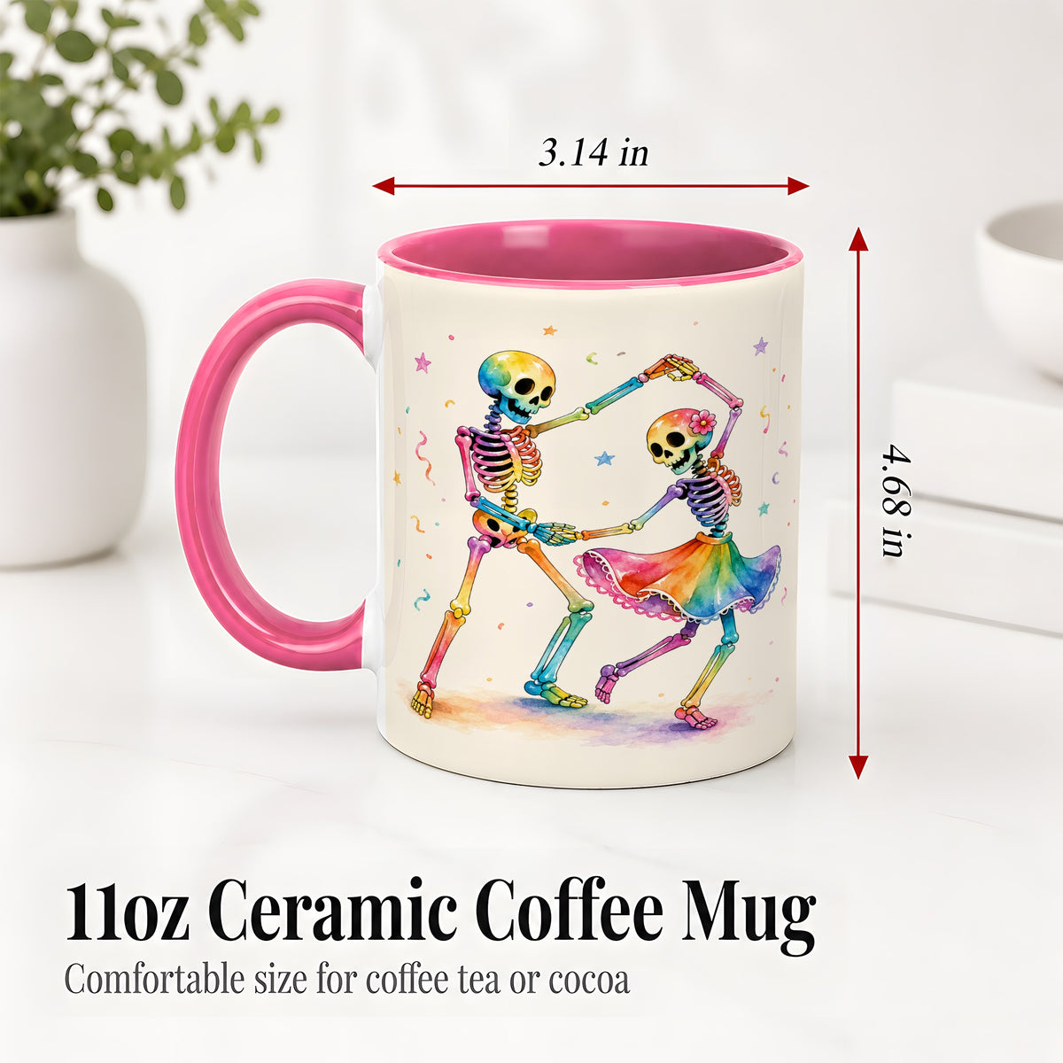 #pl[11oz|Pink] Rainbow Skeleton Dance Accent Mug, Ceramic Mug with Colorful Artwork