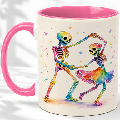 #pl[11oz|Pink] Rainbow Skeleton Dance Accent Mug, Ceramic Mug with Colorful Artwork