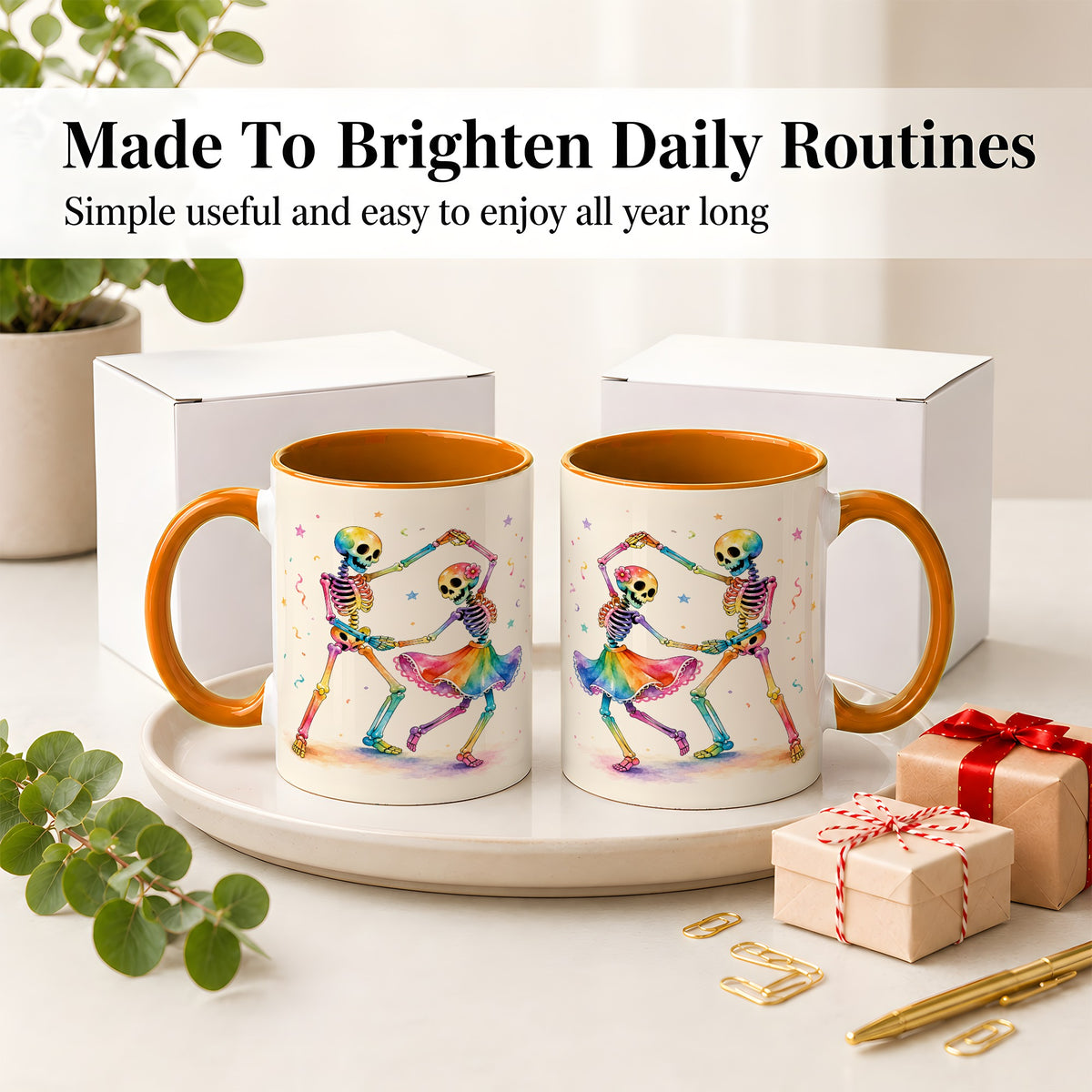 #pl[11oz|Orange] Rainbow Skeleton Dance Accent Mug, Ceramic Mug with Colorful Artwork