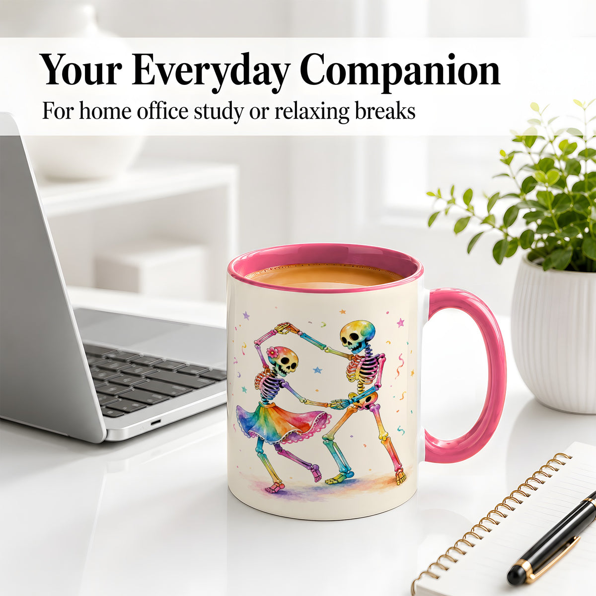 #pl[11oz|Pink] Rainbow Skeleton Dance Accent Mug, Ceramic Mug with Colorful Artwork