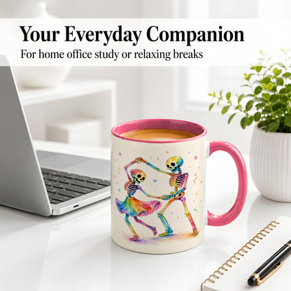 #pl[11oz|Pink] Rainbow Skeleton Dance Accent Mug, Ceramic Mug with Colorful Artwork