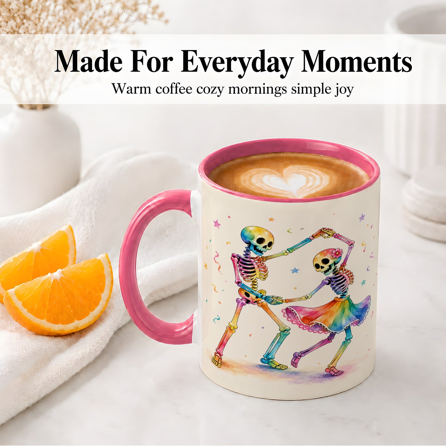 #pl[11oz|Pink] Rainbow Skeleton Dance Accent Mug, Ceramic Mug with Colorful Artwork