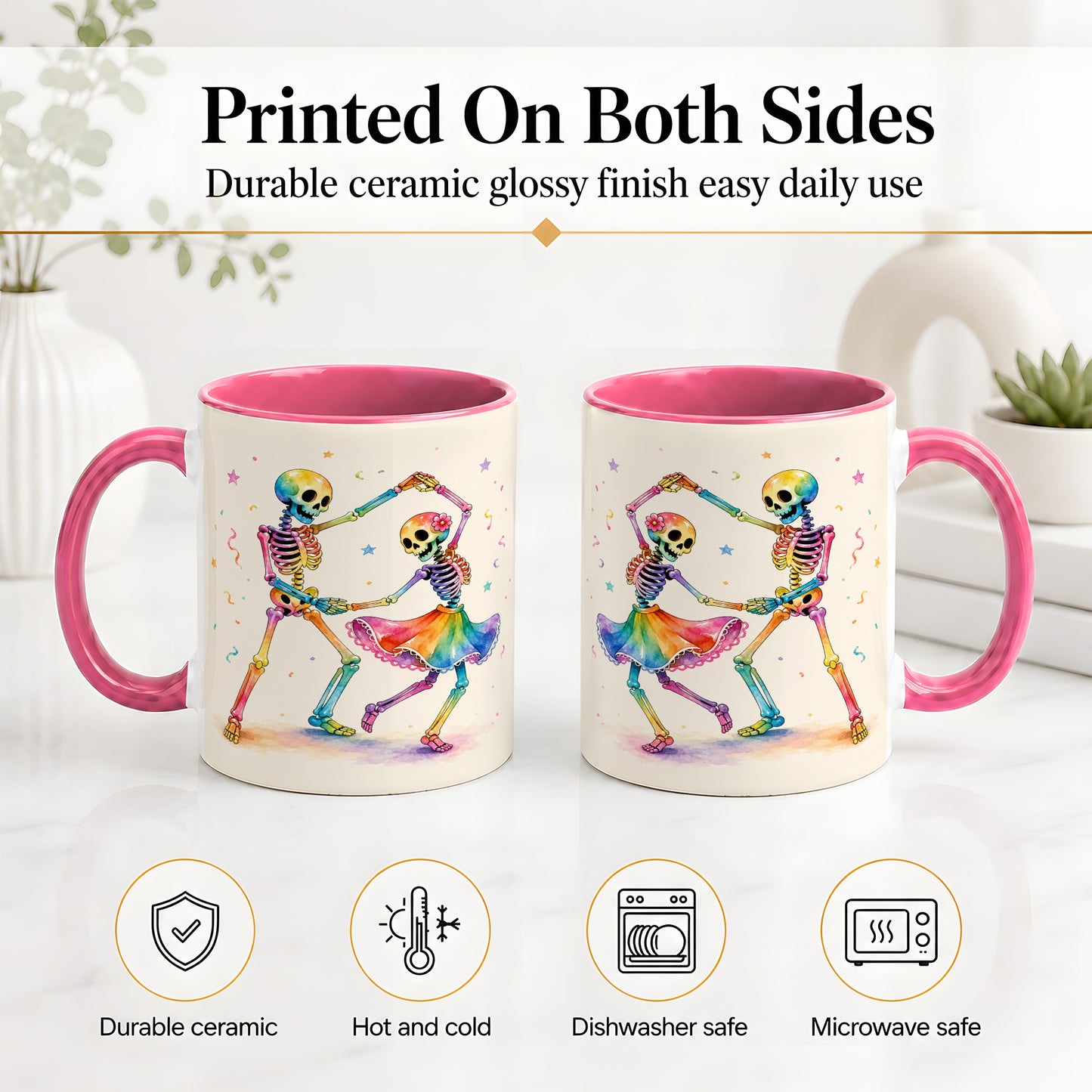 #pl[11oz|Pink] Rainbow Skeleton Dance Accent Mug, Ceramic Mug with Colorful Artwork