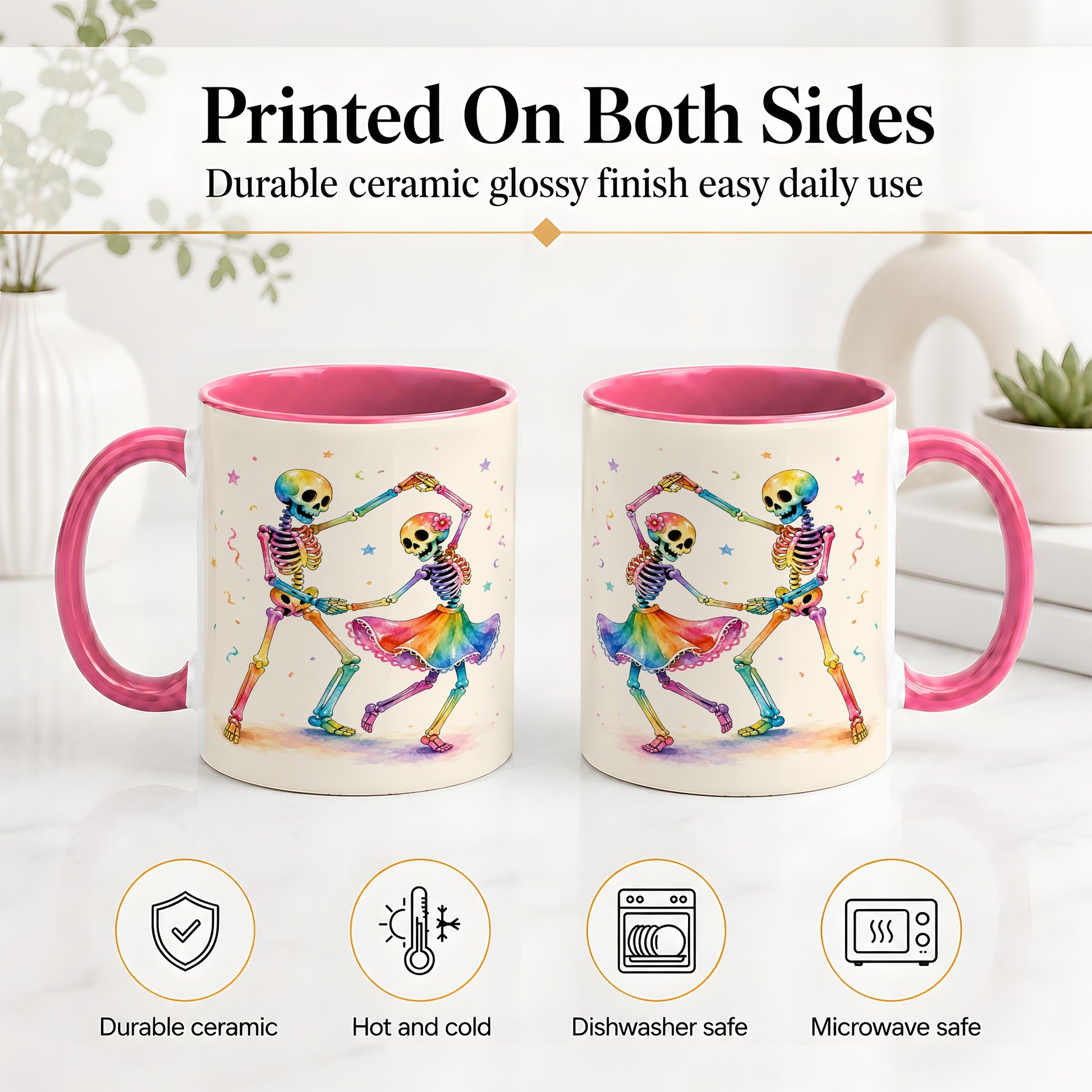 #pl[11oz|Pink] Rainbow Skeleton Dance Accent Mug, Ceramic Mug with Colorful Artwork