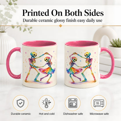 #pl[11oz|Pink] Rainbow Skeleton Dance Accent Mug, Ceramic Mug with Colorful Artwork