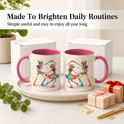 #pl[11oz|Pink] Rainbow Skeleton Dance Accent Mug, Ceramic Mug with Colorful Artwork