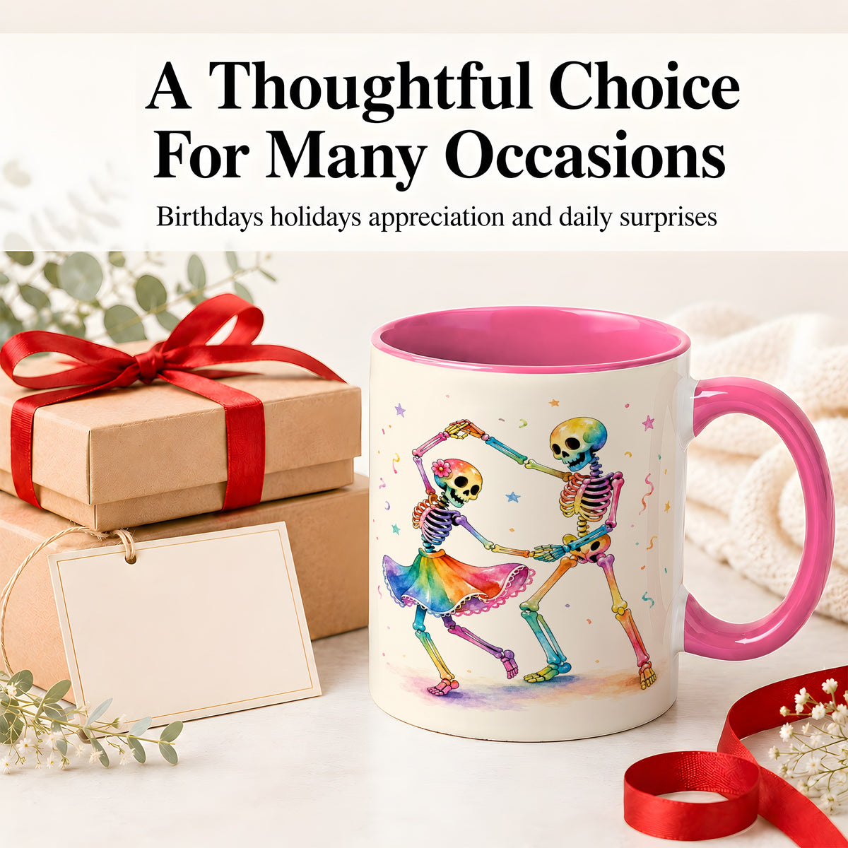 #pl[11oz|Pink] Rainbow Skeleton Dance Accent Mug, Ceramic Mug with Colorful Artwork