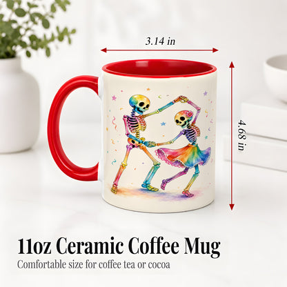 #pl[11oz|Red] Rainbow Skeleton Dance Accent Mug, Ceramic Mug with Colorful Artwork