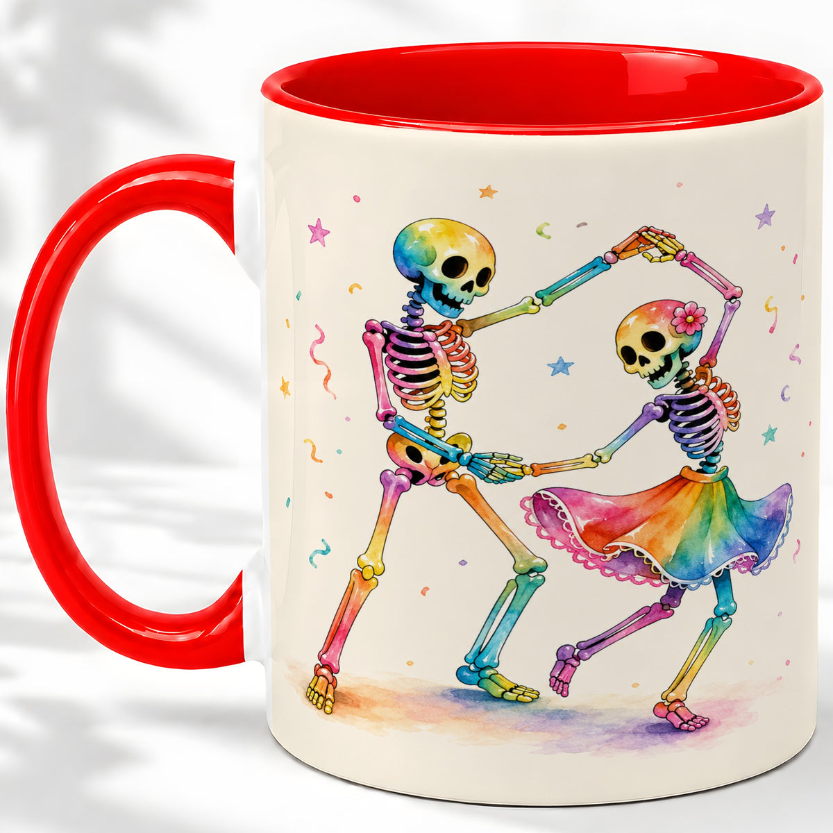 Rainbow Skeleton Dance Accent Mug, Ceramic Mug with Colorful Artwork