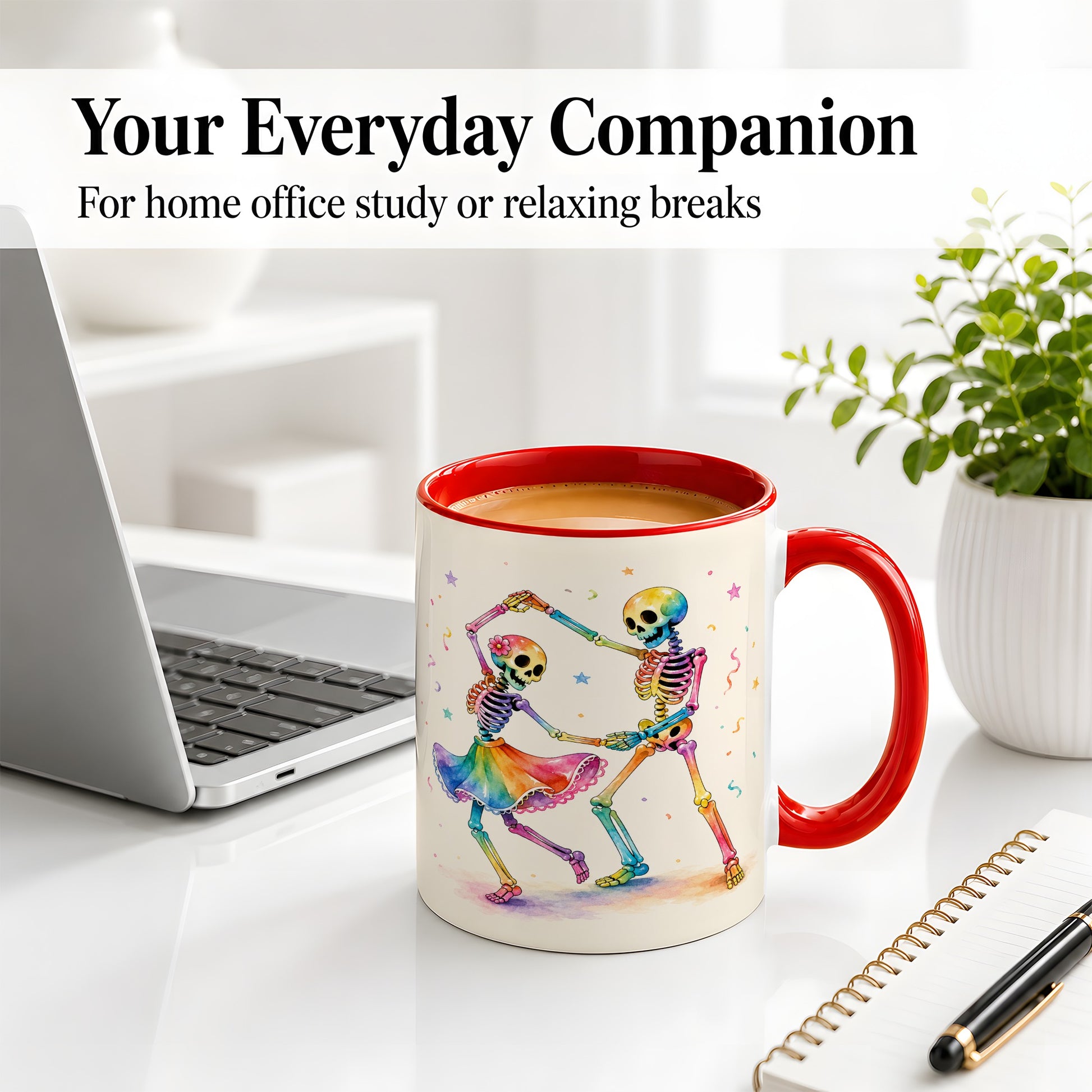 #pl[11oz|Red] Rainbow Skeleton Dance Accent Mug, Ceramic Mug with Colorful Artwork