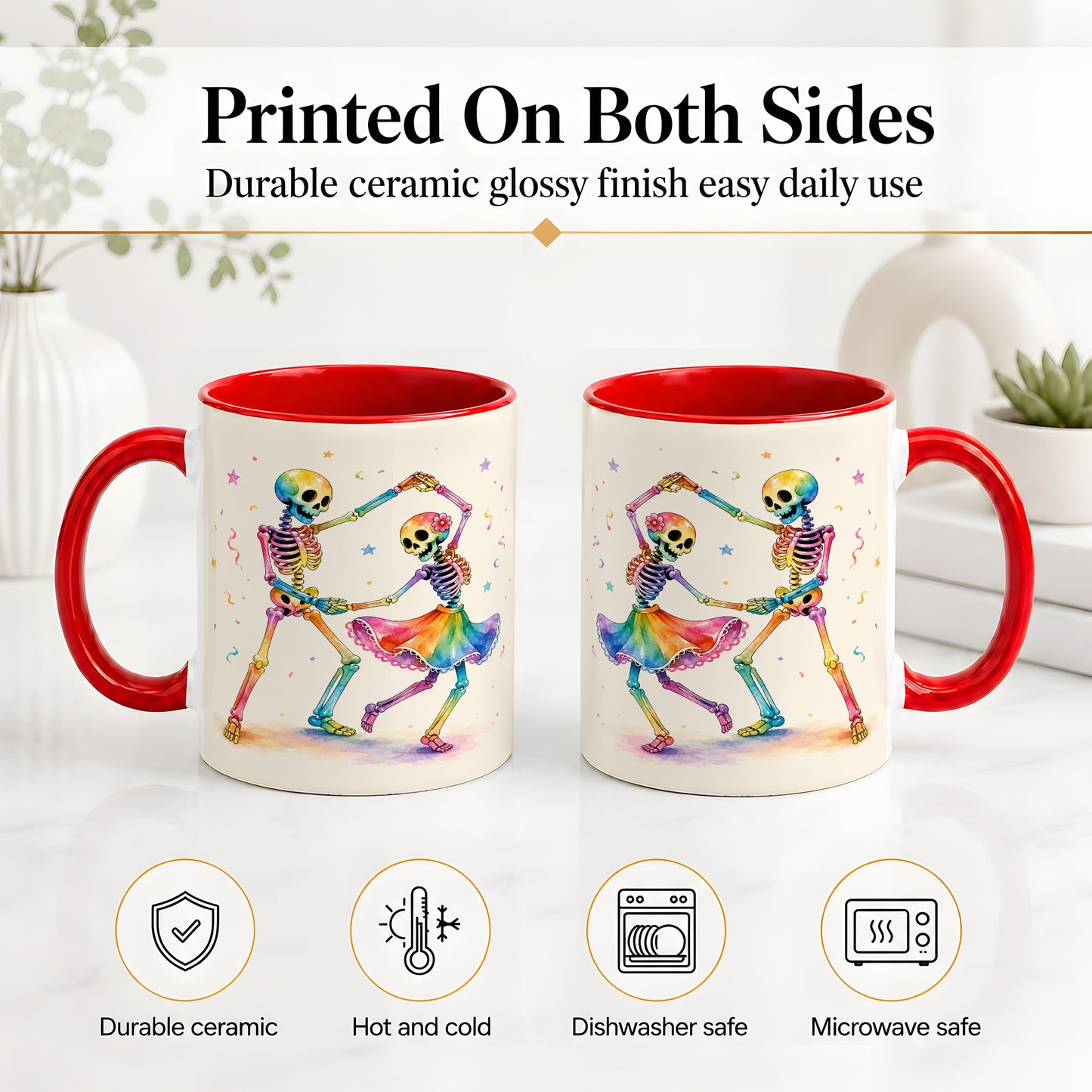 #pl[11oz|Red] Rainbow Skeleton Dance Accent Mug, Ceramic Mug with Colorful Artwork