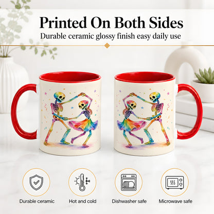 #pl[11oz|Red] Rainbow Skeleton Dance Accent Mug, Ceramic Mug with Colorful Artwork