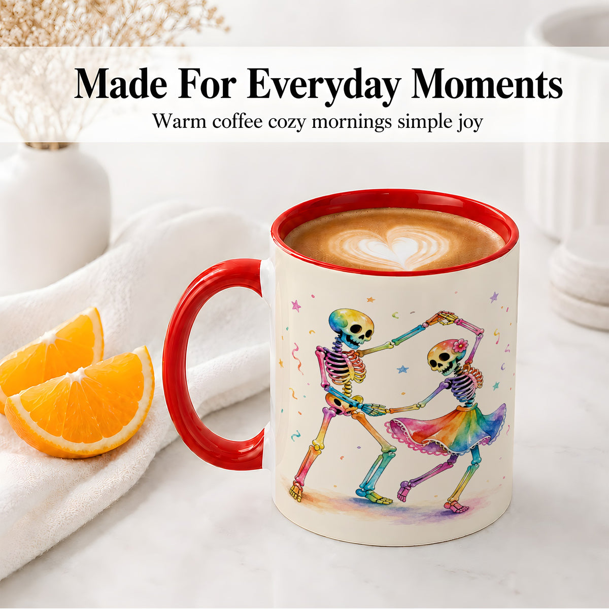 #pl[11oz|Red] Rainbow Skeleton Dance Accent Mug, Ceramic Mug with Colorful Artwork