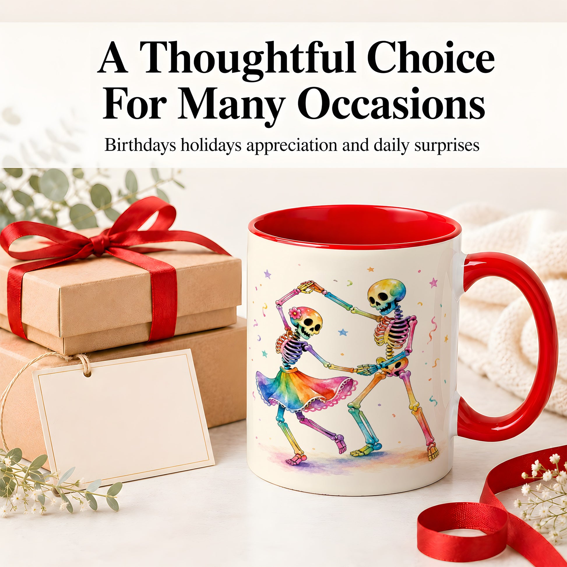 #pl[11oz|Red] Rainbow Skeleton Dance Accent Mug, Ceramic Mug with Colorful Artwork