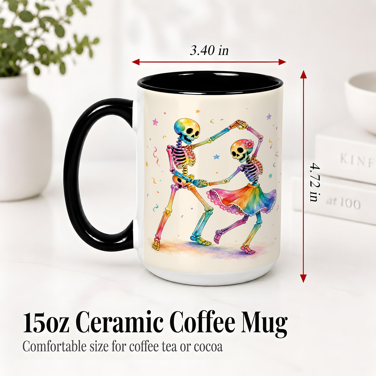 #pl[15oz|Black] Rainbow Skeleton Dance Accent Mug, Ceramic Mug with Colorful Artwork