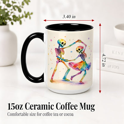 #pl[15oz|Black] Rainbow Skeleton Dance Accent Mug, Ceramic Mug with Colorful Artwork
