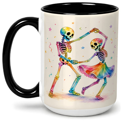 #pl[15oz|Black] Rainbow Skeleton Dance Accent Mug, Ceramic Mug with Colorful Artwork