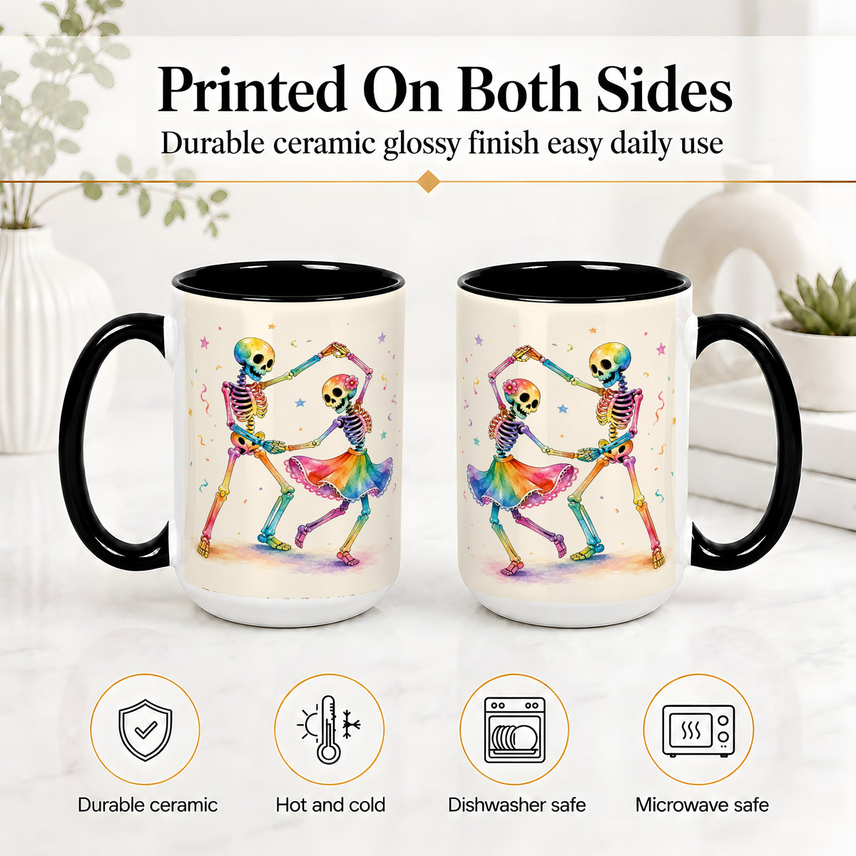#pl[15oz|Black] Rainbow Skeleton Dance Accent Mug, Ceramic Mug with Colorful Artwork